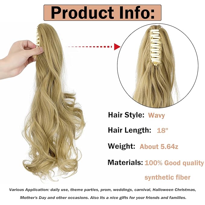 Claw Clip Ponytail Extension 18" Clip in Wavy Ponytail Hair Extensions Long Pony Tails for Women Extensions Ash Blonde Wave Hairpiece