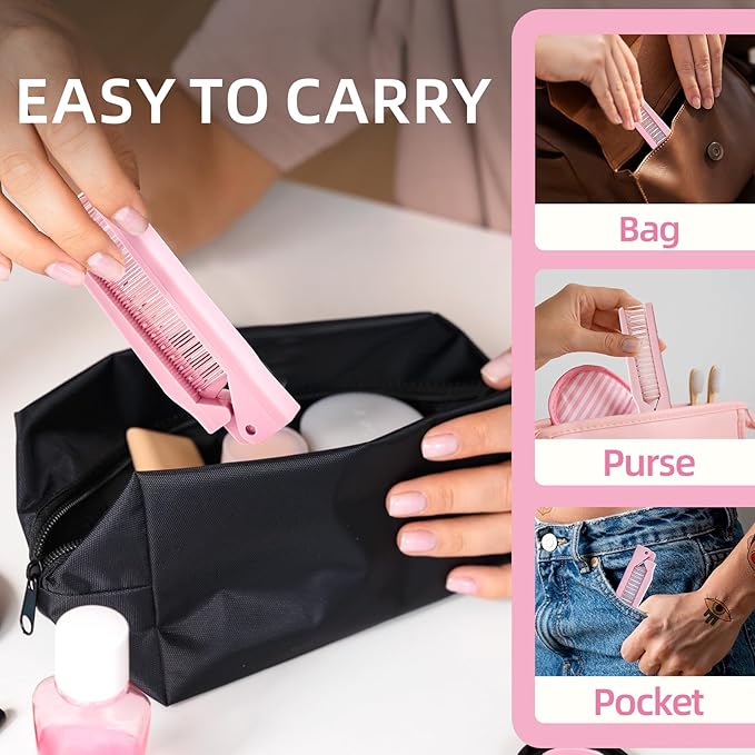 2 Pack Folding Hair Combs, Foldable Comb Brush Combo, Mini Protable Folding brush for Purse Bags Porket, Travel Size Hair Comb, Small Pocket Combs for Women and Girls(Pink&Purple)
