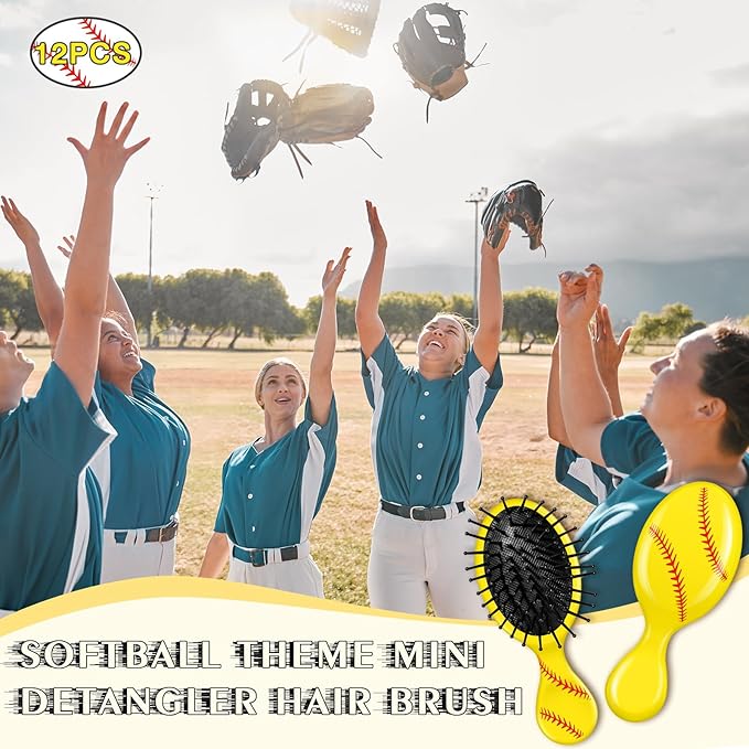 12 Pcs Softball Mini Detangler Brush, Mini Travel Hair Brush, Bristles Plastic Detangling Brush, No Tangle Soft Flexible Bristles for Straight, Curly, Thick Hair for Softball Team Gift Sport Party
