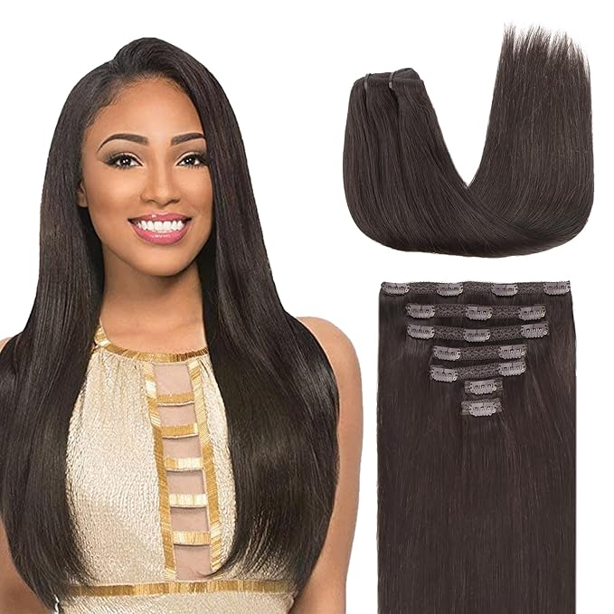 Lashey Straight Clip in Hair Extensions for Women, 20 Inch 7pcs 120g Dark Brown Remy Human Hair Extensions Thick Hair with Lace Weft Clip Ins