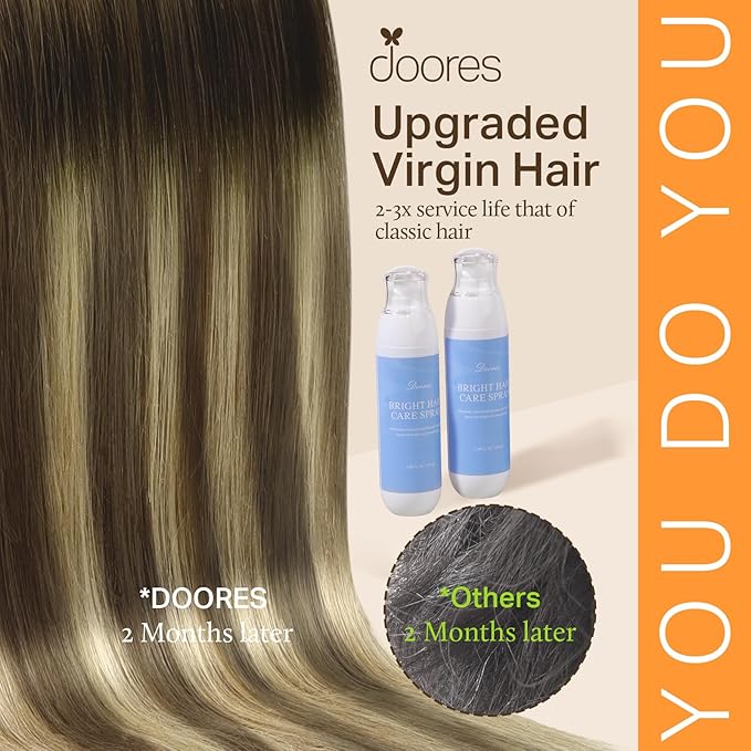 DOORES Remy Hair Extensions, Ash Brown to Platinum Blonde 16 Inch 110g 7pcs, Seamless Clip-in Hair Extensions with Natural Straight Hair and Invisi Edge