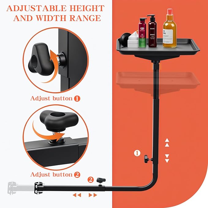 Modern Salon Chair Tray, 360 Rotatable Metal, Black, Depth: 17.7 inches, Width: 28.3 inches, Height: 23.6 inches, Adjustable Height, Foldable Arm Rest, Hair Styling, Beauty Services