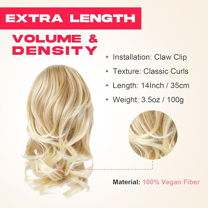 Ponytail Extension - 14" Claw Clip in Ponytail Hair Extensions Natural Soft Synthetic Layered Wavy Pony Tail Hair Pieces for Women - Bright Golden with Light Ends