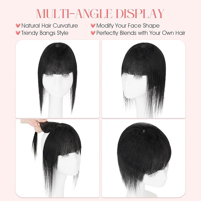 Hairro Mono Hair Toppers with Bangs, 3.4" x 3.4" Mono Base 100% Real Human Hairpieces for Women, 150% Density Clips In Topper for Greyish Thinning Hair, 16 Inch Jet Black