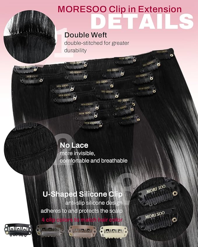 Moresoo Clip on Hair Extensions Balayage Remy Double Weft Human Hair Extensions Clip ins Natural Black to Silver 20inch 150Grams 7pcs