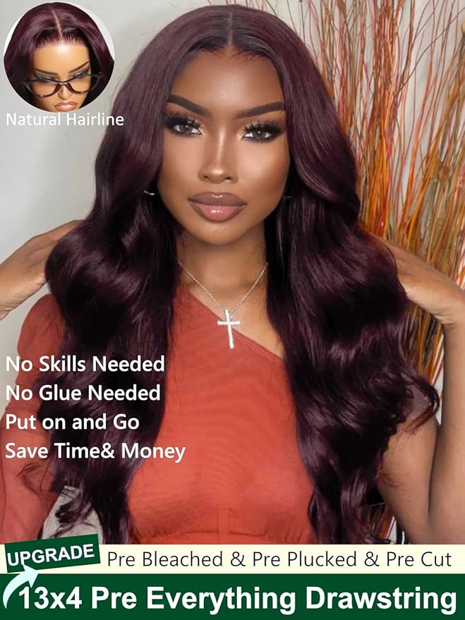 KLAIYI Black Cherry Loose Body Wave Pre Eeverything 13x4 Lace Frontal Wigs Human Hair Bye Bye Knots Glueless Ready to Wear and Go Wig with Face Framing Bangs Drawstring Pre Plucked Burgundy Wig 22Inch