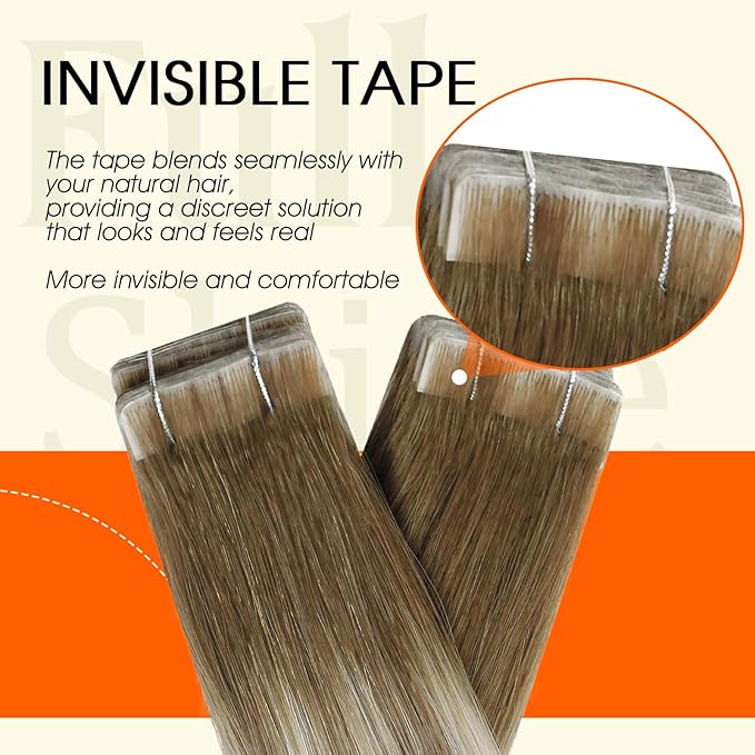 Full Shine Tape in Extensions Human Hair Color 3/8/22 Balayage Tape Extensions Human Hair 22Inch Long Straight Skin Weft 50G Seamless Invisible Extension Cuticles Aligned Natural 20Pcs