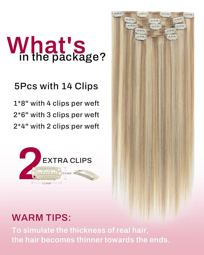 Moresoo Clip in Hair Extensions Real Human Hair Double Weft Human Hair Clip in Extensions Straight Dark Ash Blonde Highlight with Golden Blonde 5pcs 80g 16inch