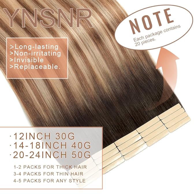 Tape in Hair Extensions Real Human Hair 24 Inch Chestnut Brown to Mixed Dirty Blonde Tape for Skin Weft Hair Extension Invisible Tape in Hair Extensions Straight Remy Human Hair for Women 20pcs