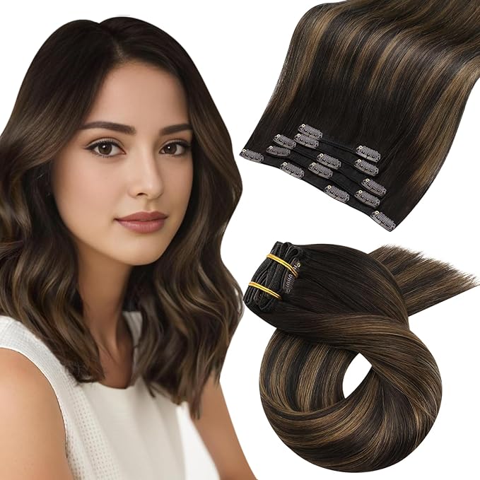 Moresoo Clip in Hair Extensions Remy Double Weft Human Hair Clip in Extensions Balayage Straight Hair Extensions for Women Ombre Dark Brown with Chestnut Brown 5pcs 80g 12inch