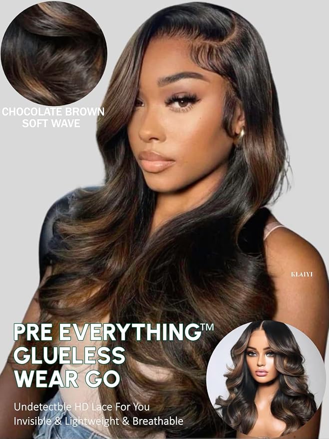 KLAIYI 13x4 Pre Everything Lace Front Chocolate Brown With Highlights Loose Body Wave Wig Human Hair Pre Cut Lace Pre Bleached Bye Bye Knots Pre Plucked Ombre Glueless Wear Go Wig Ready to Wear 26Inch