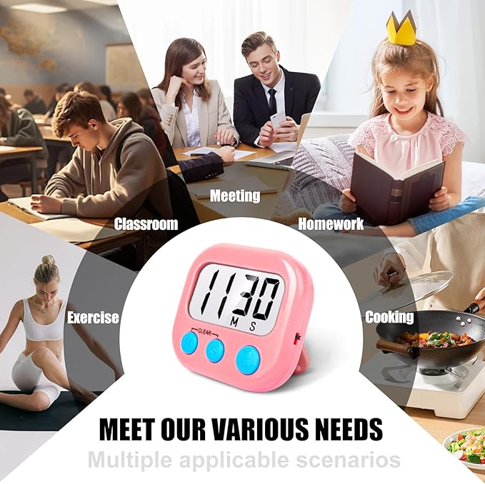 6 Pack Kitchen Timers Loud Ring Digital Timers for Cooking Magnetic Pink