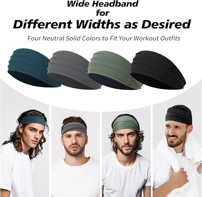 Wide Headbands for Men, Men’s Headbands for Long Hair, Head Bands for Men for Workout, Running, Baseball, Football, Tennis, Basketball, Softball, 8 Pieces