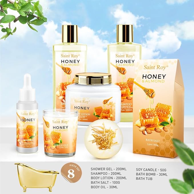 Christmas Gifts for Women Bath & Body Gift Set, Luxury Home Spa Bath Gift Basket, Honey Almond Scented Bath Set, Pamper Gifts Birthday gifts & Teens, Spa Kit Gift, Home Spa Gifts for Men Dad