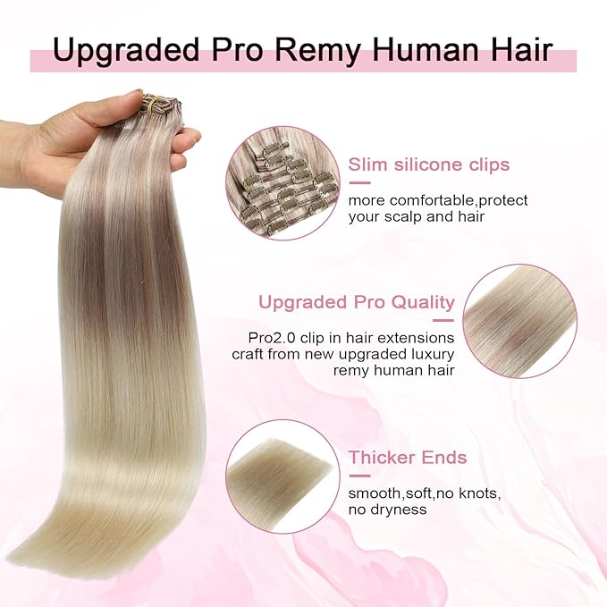 Pro2.0 Real Human Hair Extensions Clip ins 120g Thick 7pcs #18/22/60 Balayage Ash Blonde to Golden Blonde and Platinum Blonde Clip in Hair Extensions Real Human Hair 16inch（#18/22/60-16inch）