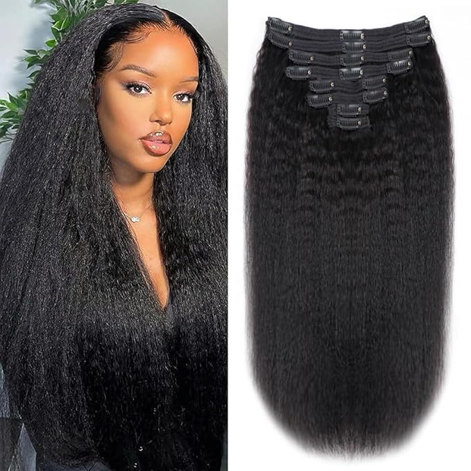 Kinky Straight Human Hair Clip in Extensions 120g Full Head Clip ins for Women 100% Unprocessed Brazilian Virgin Human Hair Yaki Straight Clip ins Remy Hair Natural Black 8Pcs 18Clips 20inch