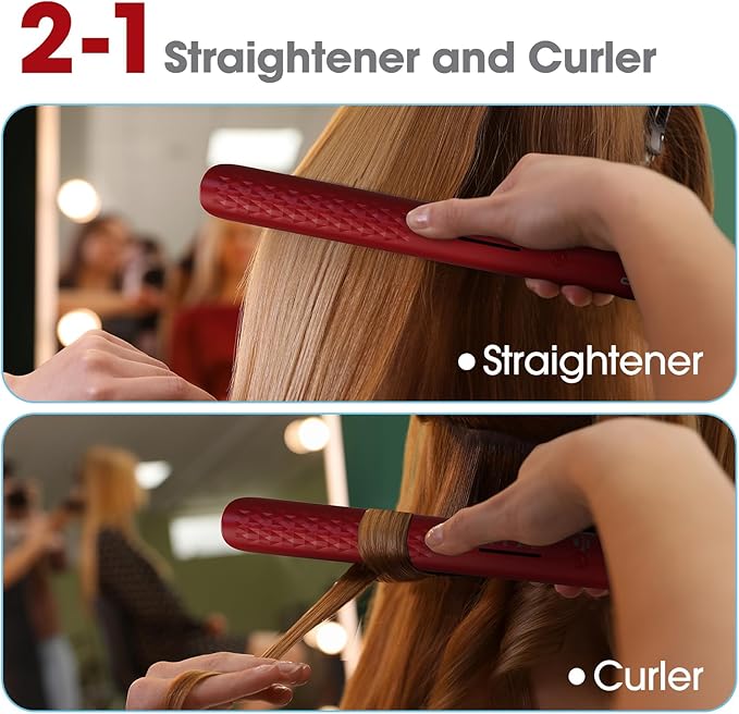 Quico Hair Straightener, 110-240V Global Travel Hair Straighteners for Women, 15s Fast Heating, Professional Negative Ion Flat Iron, Temp Memory, 320℉-450℉, Auto-Off, with Glove and Clips, Gift, Red
