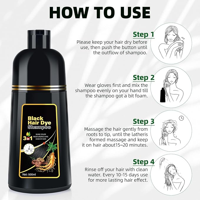 Black Hair Dye Shampoo 3 in 1 for Gray Coverag Color Shampoo for Women/Men Instant Herbal Semi Permanent champu para canas