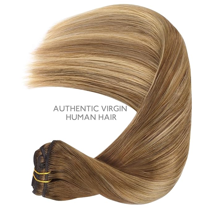 WENNALIFE Clip in Hair Extensions Real Human Hair, 14 Inch 120g 7pcs Human Hair Extensions Clip In Human Hair, Balayage Chestnut Brown Mixed Dirty Blonde Hair Extensions Clip In Real Hair Remy Human
