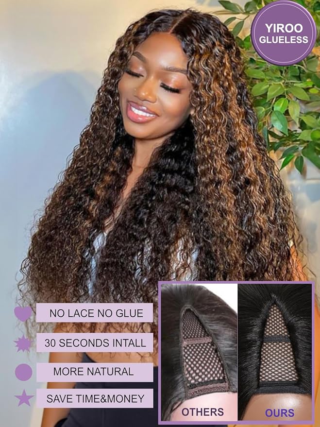 YIROO EasiContour V Part Wigs Ombre Brown Glueless Human Hair Upgrade U Part Wig with Dark Roots Highlight V Shape Clip Wigs Beginner Friendly with Drawstring Ready to Wear Chestnut Brown Color 26Inch
