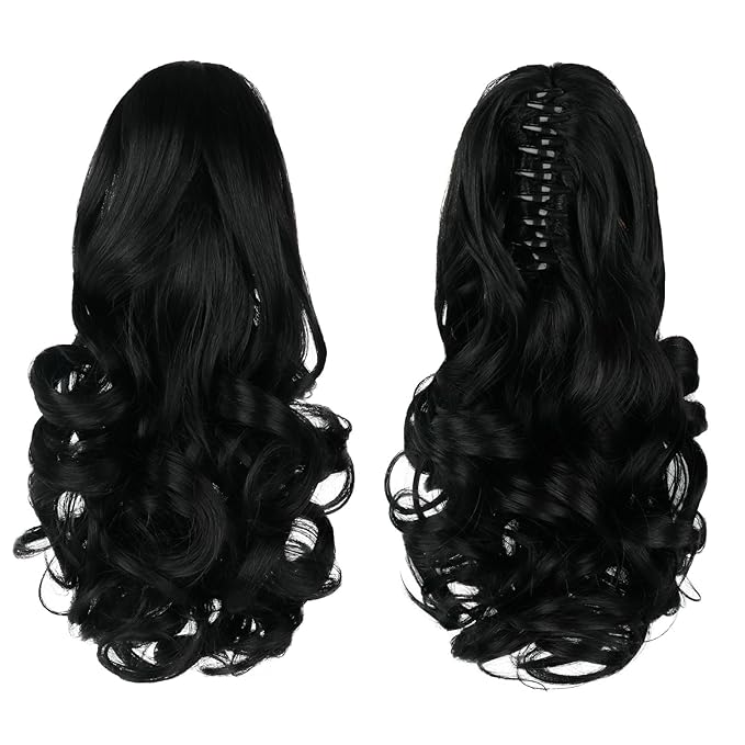 Ponytail Extension, Clip on Ponytails for Women, 12" Claw Clip in Short Curly Wavy Pony Hair Extension for Women - Black