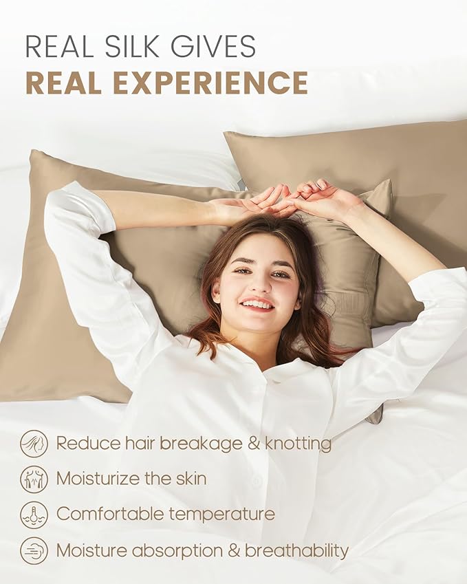 THXSILK 100% Mulberry Silk Pillowcase for Hair and Skin, Grade 6A+ Mulberry Silk Pillow Case Soft and Breathable, Hypoallergenic Pillow Case Cover with Zipper, 1pc (Queen 20"x30", Taupe)
