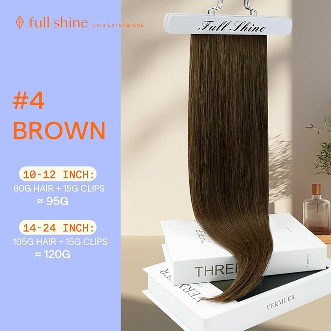 Full Shine Hair Extensions Clip in Real Human Hair Chestnut Brown Clip on Hair Extensions Invisible Brown Hair Full Head 18 Inch 7 Pcs 120 G