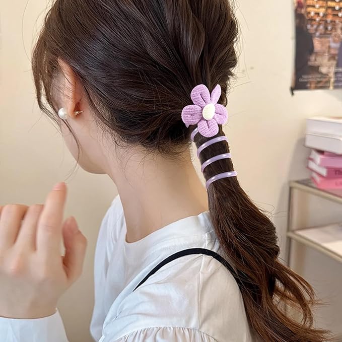 4PCS Spiral Hair Ties with Cloth Flower, 4 Colors Floral Phone Cord Ponytail Holders for Women, Elegant Rubber Hair Coils, Stylish Hair Accessories for Party, Daily Use
