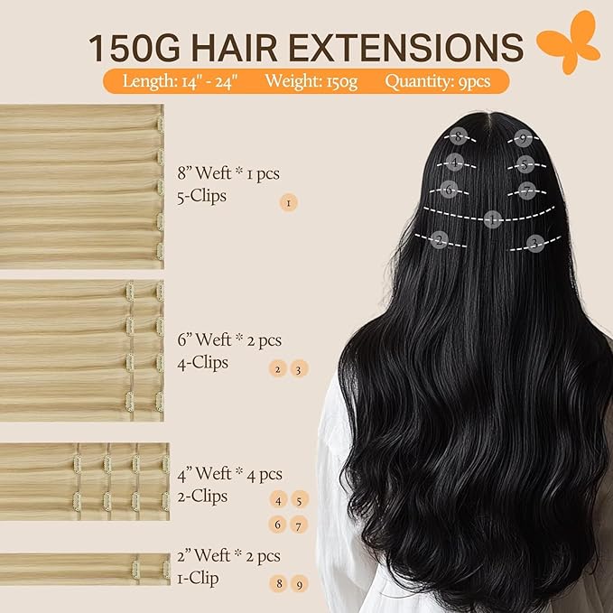 DOORES Human Hair Extensions Clip in, Dirty Blonde Highlight Golden Blonde 150g 9pcs 22 Inch Remy Natural Straight Silky