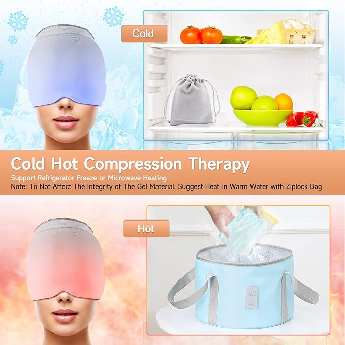 Headache Relief Hat Migraine Ice Head Wrap, Ice Packs for Injuries Reusable Migraine Relief Cap, Wearable Compressed Therapy Headache Relief Hat for Migraines Tension Sinus Fever Stress Relief(Gray)