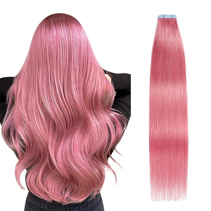 SUYYA Tape in Hair Extensions Human Hair Hot Pink 16 Inch 10PCS/Pack Straight Tape Extensions 20g