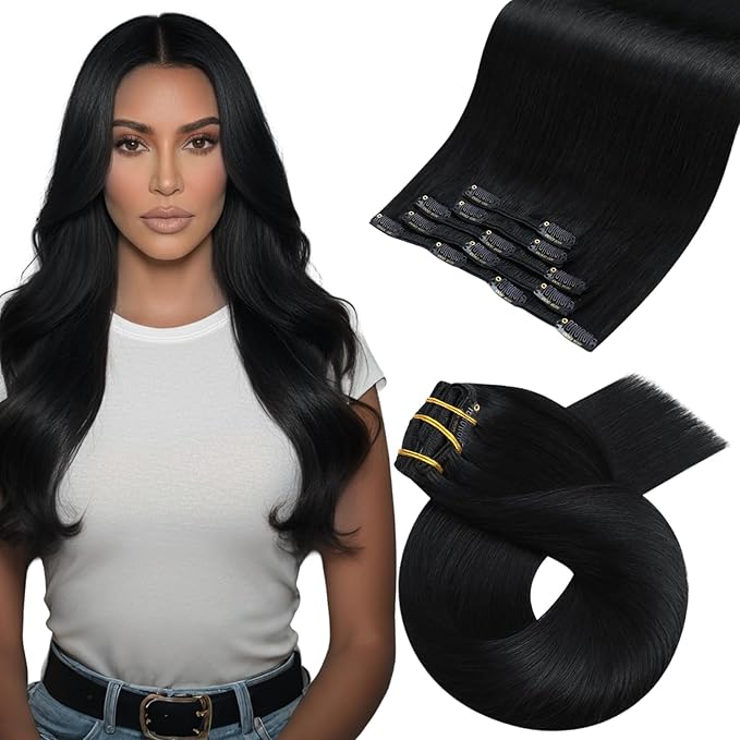 Moresoo Jet Black Clip in Hair Extensions Human Hair 18 inch Black Hair Extensions Clip in Human Hair Remy for Women Long And Straight 80g/5pcs
