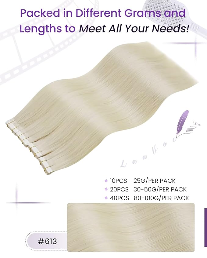 LaaVoo Tape in Hair Extensions Human Hair Blonde 100g Tape in Extensions Seamless Invisible Tapes on Hair Extensionss Human Hair Color Bleach Blonde 40pcs 20inch