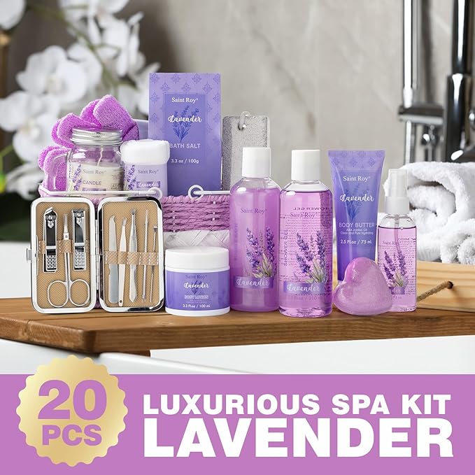 Large Spa kit for women gift set, 20 PCS Spa Gift Baskets Christmas Gifts for Women Bath Kit with Lavender gifts spa gift set Basket, Luxury Self Care Home Spa Kit Lavender Bath Gift Basket