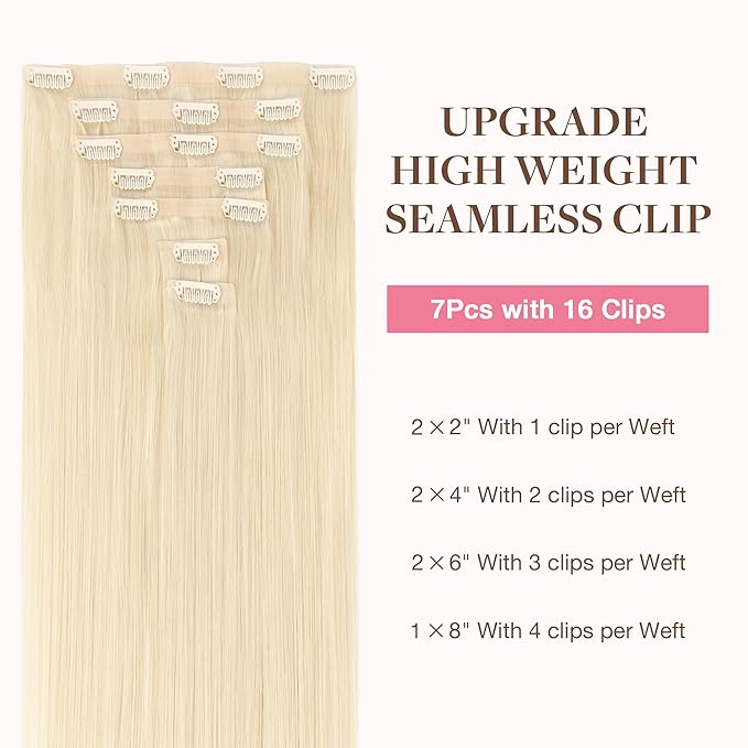 GOO GOO Clip in Hair Extensions Real Human Hair, Remy Human Hair Extensions Clip ins for Women, Natural Human Hair, 16inch 110g 7Pcs, 613R Bleach Blonde