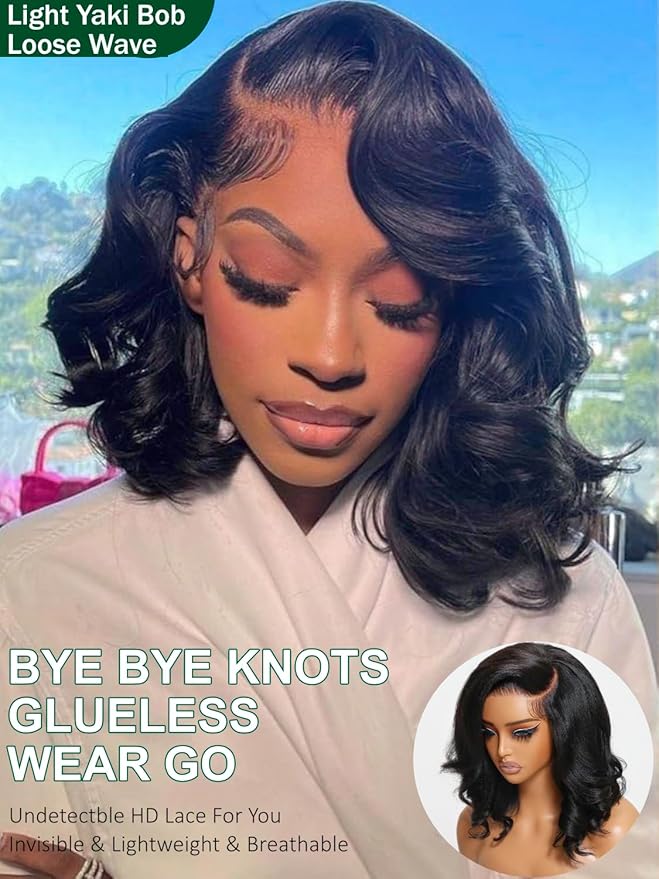 KLAIYI Light Yaki Straight Bob Loose Wave Pre Everything 13x4 Lace Front Wigs Human Hair Precut Lace Pre Plucked Bleached Glueless Wear and Go Wigs for Women Bye Bye Knots Wig Beginner Friendly 12Inch