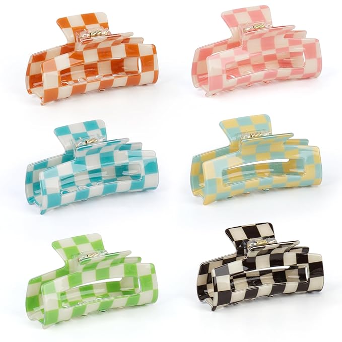 Checkered Claw Clip for Women, 6 Pack Multicolored Rectangle Hair Barrettes, Strong Hold Non-Slip Design Hair Clips Accessories for Thick & Thin Curly Hair, Comfortable All-Day Wear for Girls