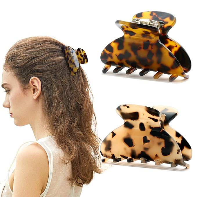 2Pcs Small Medium Hair Claw Clips for Women Tortoise Shell Claw Hair Clips for Thin Fine Medium Thick Hair