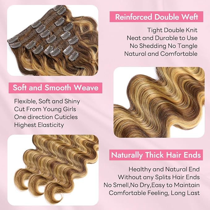 Clip in Hair Extensions Real Human Hair Body Wave #4/27 Chocolate Brown to Honey Blonde 100% Brazilian Remy Human Hair Extensions 8pcs Per Set with 18 Clips Double Weft 18 Inch 80g/3.6oz