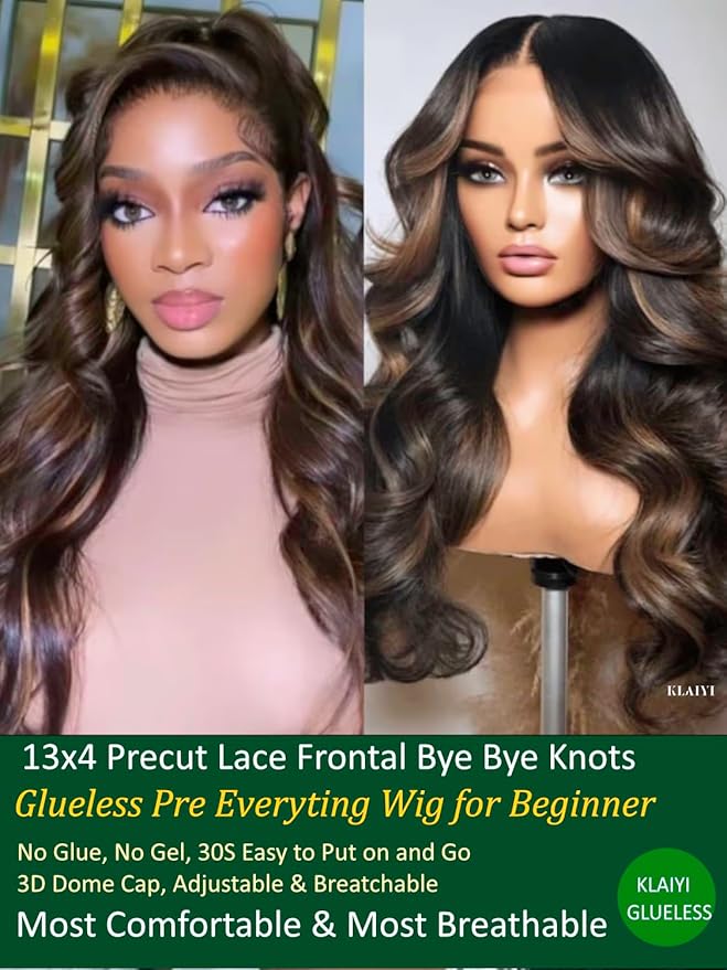 KLAIYI 13x4 Pre Everything Lace Front Chocolate Brown With Highlights Loose Body Wave Wig Human Hair Pre Cut Lace Pre Bleached Bye Bye Knots Pre Plucked Ombre Glueless Wear Go Wig Ready to Wear 26Inch