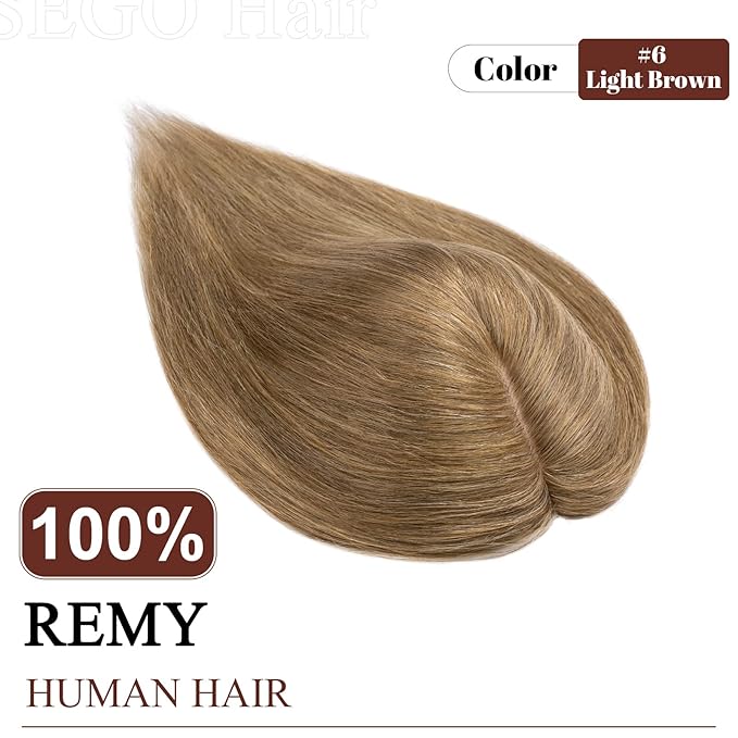 SEGO Real Human Hair Topper for Women, No Bangs Hair Topper with Anti-Slip Clips (6 Inch#6 Light Brown)