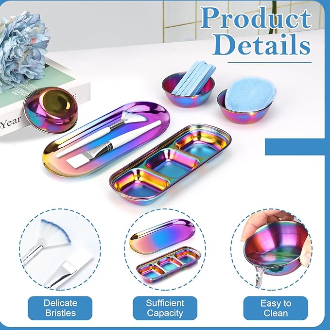 23 Rainbow Esthetician Facial Supplies 3 Stainless Steel Face Mask Mixing Bowls 3 Fan Brushes Esthetician 3 Facial Flat Brushes Skincare Tray 3-Compartment Serving Tray 12 Compressed Facial Sponges