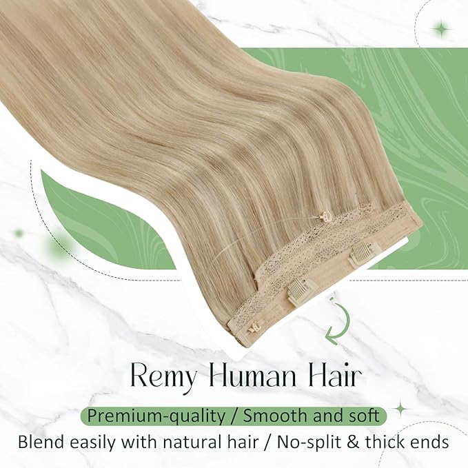 RUNATURE Wire Hair Extensions Real Human Hair, Fish Line Hair Extensions, Invisible Blonde Human Hairpieces, Add Volume, 12 Inch 70g #16P22 Dark Ash Blonde Highlight Light Blonde