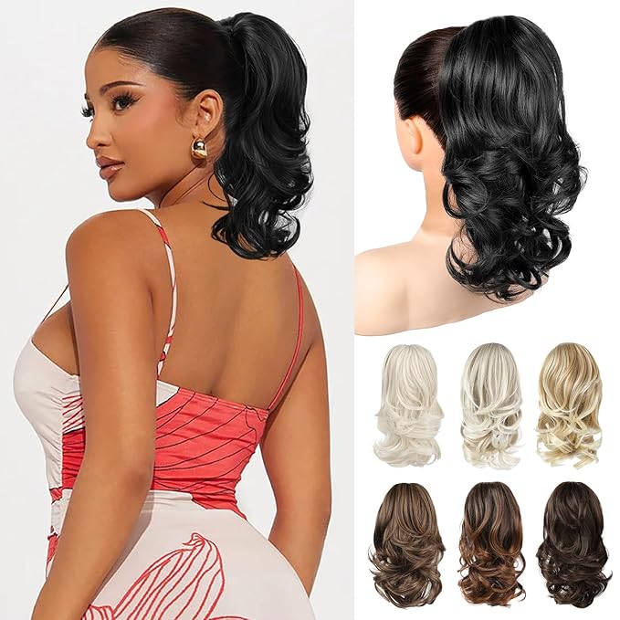 Ponytail Extension - 14" Claw Clip in Ponytail Hair Extensions Natural Soft Synthetic Layered Wavy Pony Tail Hair Pieces for Women - Black