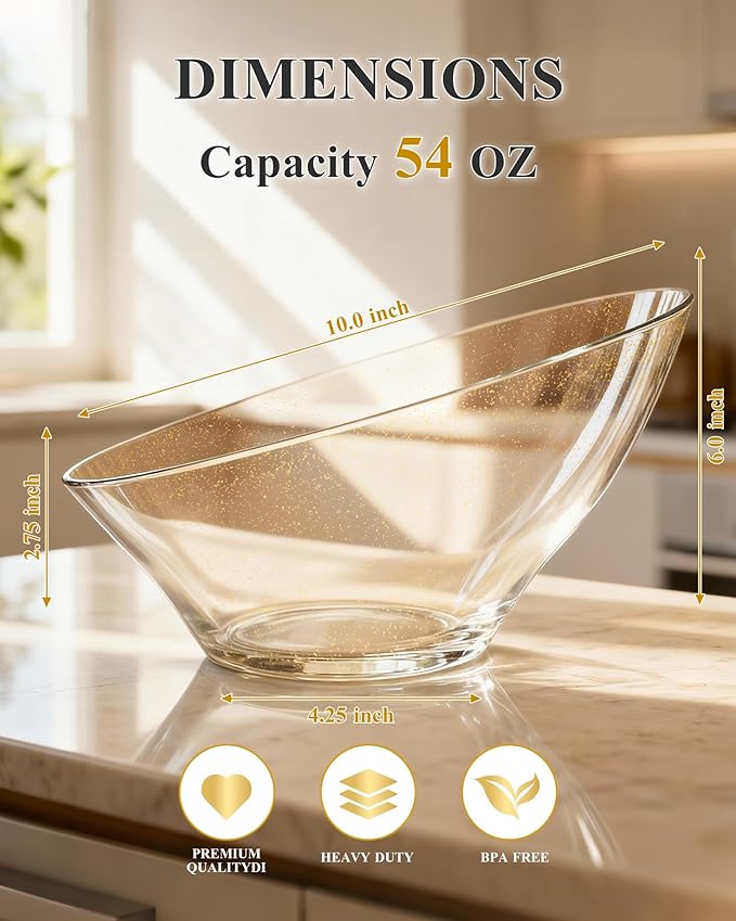 BESTSTAR 54OZ Clear and Gold Gliter Plastic Serving Bowls 8 Pack Angled Disposable Party Bowls for Chips, Salad, Fruit & Candy – Heavy Duty Clear Serving Bowls for Parties, Buffet, Christmas
