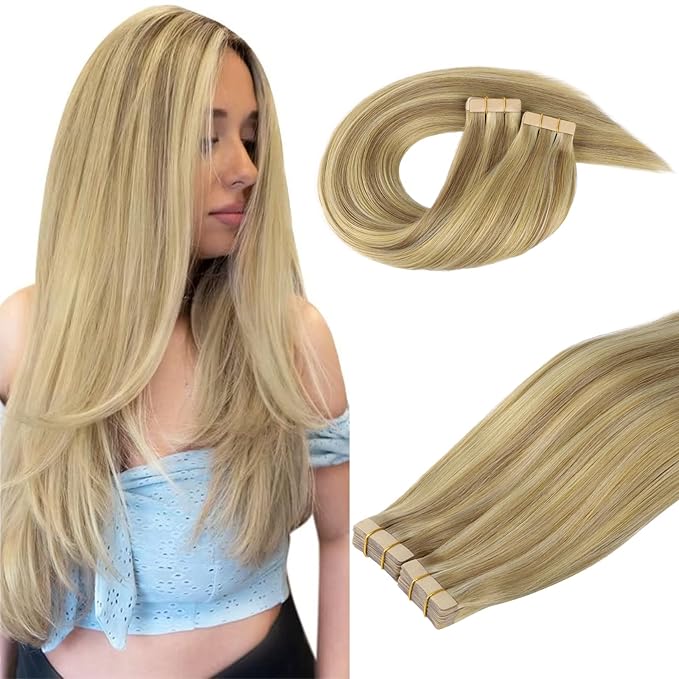 DOORES Hair Extensions Tape in Human Hair, Light Blonde Highlighted Golden Blonde 20 Inch 40pcs 100g, Tape in Hair Extensions Reamy Straight Hair Natural Hair