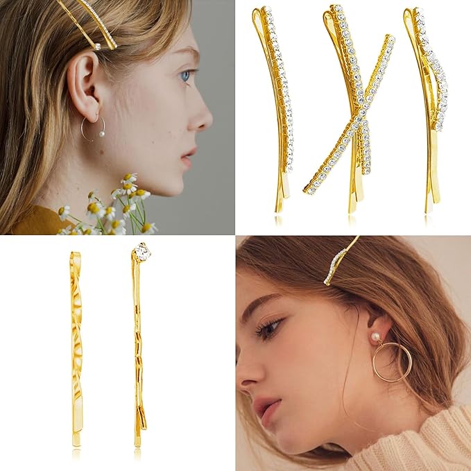 16 Pieces Gold Rhinestone Bobby Pins Set Delicate Decorative Fancy Crystal Hair Clips Shiny Fancy Metal Barrettes, I S X Shaped Diamond Hair Accessories for Women Ladies Girls Wedding Prom Party