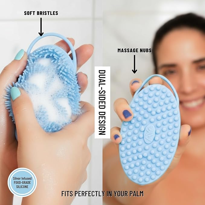 Silver Infused Silicone Body Scrubber Shower - Gentle Back Scrubber Soft Bristles - Avilana Premium Dual Sided Bath Brush Massage - Advanced Material Loofah Alternative - Gift Women Men
