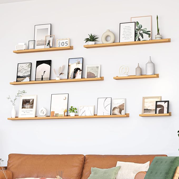 Heimlove Picture Ledge Shelf, Floating Shelves Set of 2, 48 Inches Picture Shelf for Wall with Ledge, Kids Bookshelf Wall Mounted for Living Room Bedroom Decor Books Photo Frames, Natural Oak