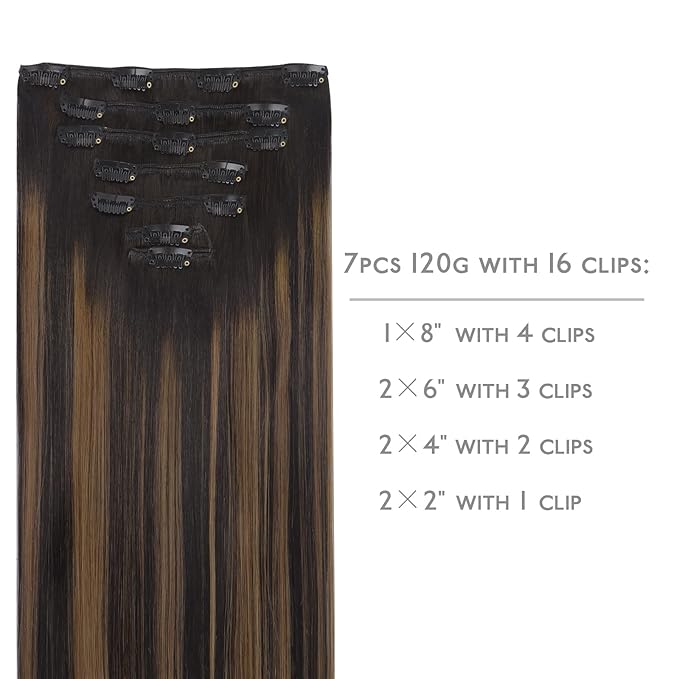 WENNALIFE Clip in Hair Extensions Real Human Hair, 24 Inch 160g 7pcs Balayage Natural Black to Chestnut Brown Remy Hair Straight Natural Extensiones De Cabello Humano Con Clip Ins
